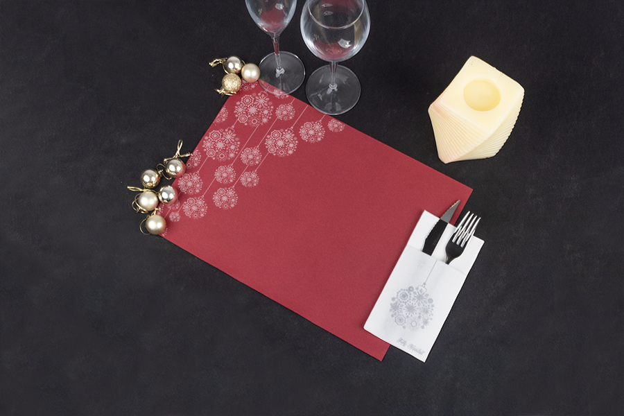 Mantel Air Soft 30x40cm Rojo Deco. Bolas Navidad Tinta Plata, 150uds