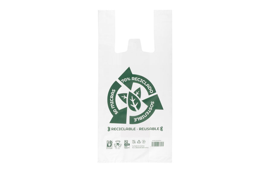 Bolsa Plástico Asa Camiseta 42x53cm 50µm Reciclada 70% Blanca, 20pq x 1kg
