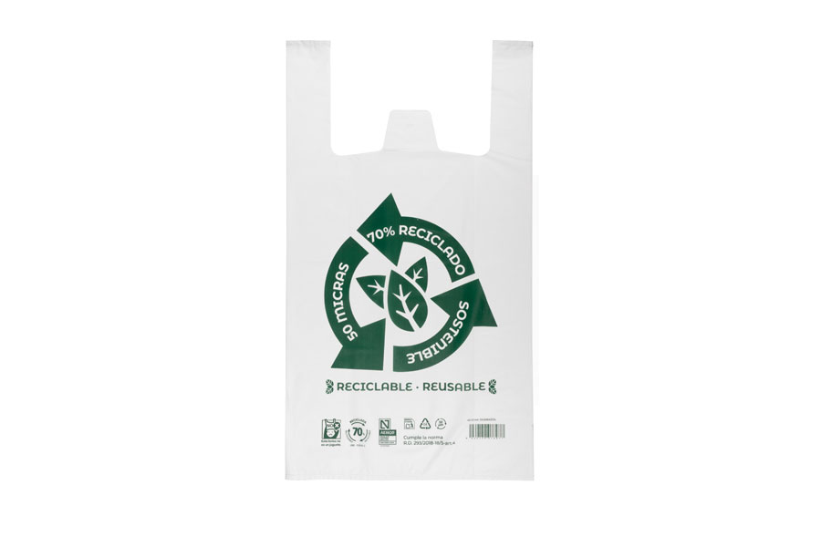 Bolsa Plástico Asa Camiseta 50x60cm 50µm Reciclada 70% Blanca, 20pq x 1kg