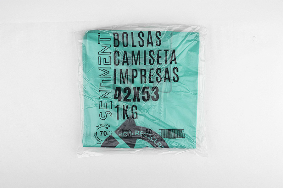 Bolsa Plástico Asa Camiseta 42x53cm 50µm Reciclada 70% Verde, 20pq x 1kg