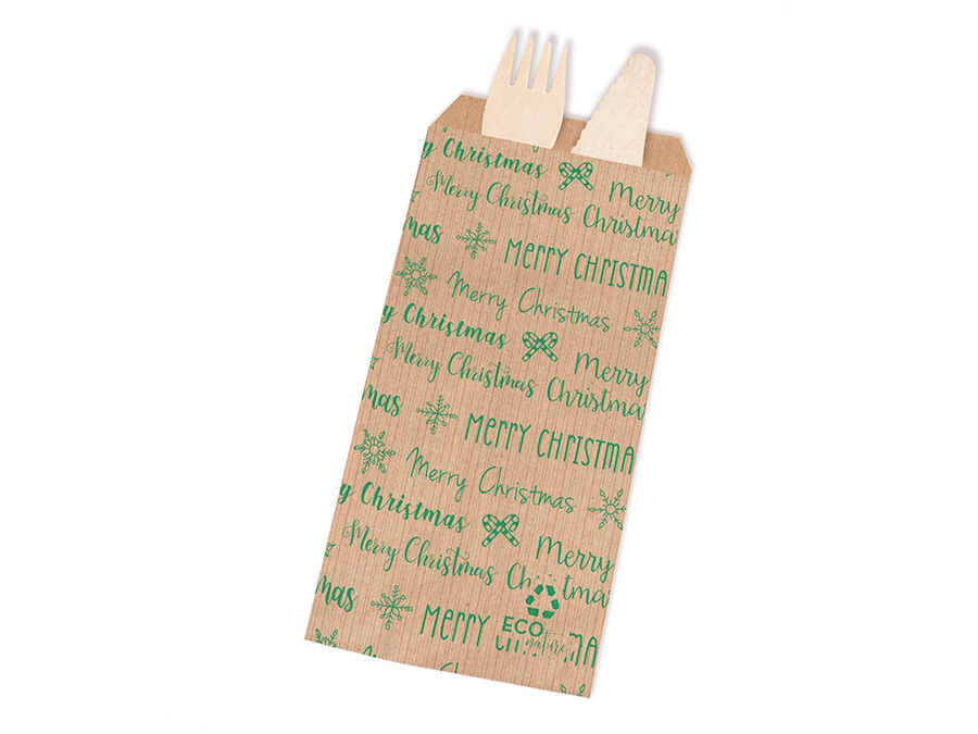 Bolsa Papel Portacubiertos Kraft Verjurado 11x24cm 60gr Deco. Merry Christmas, 1.000uds