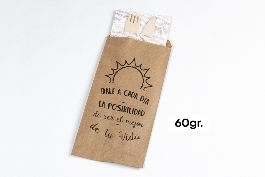 Bolsa Papel Portacubiertos 11x24cm 60gr Kraft Verjurado Deco. Frases, 1.000uds