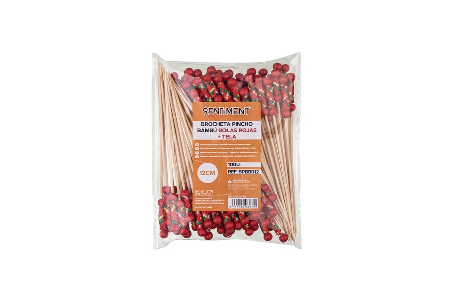 Brocheta Pincho Bambú 12cm Decorada Bolas Rojas + Tela, 100uds x 20pq
