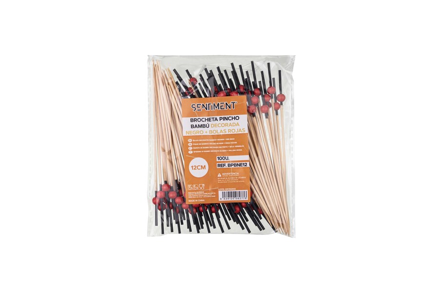 Brocheta Pincho Bambú 12cm Decorada Negro + Bola Roja, 100uds x 20pq