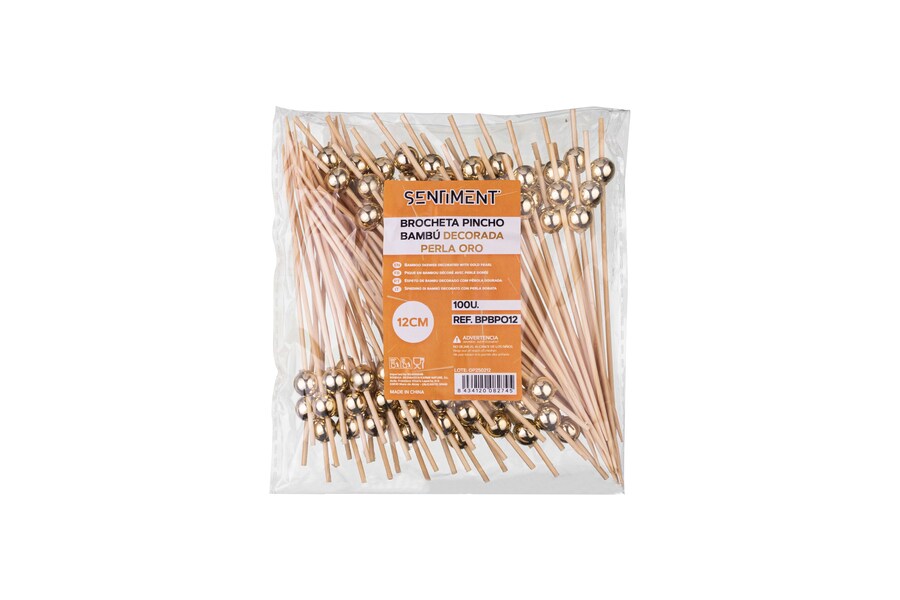 Brocheta Pincho Bambú 12cm Decorada Perla Oro, 100uds x 20pq