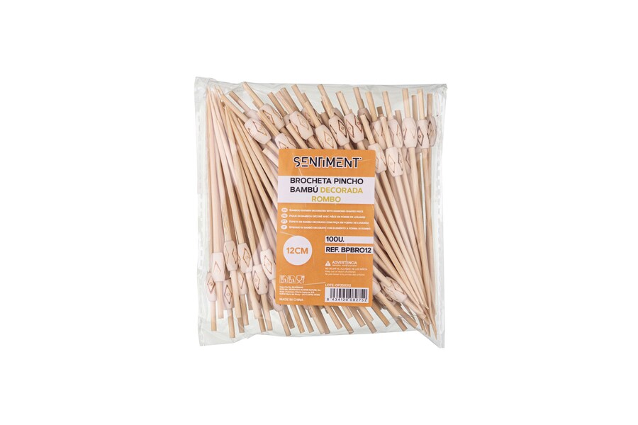 Brocheta Pincho Bambú 12cm Decorada Rombo, 100uds x 20pq