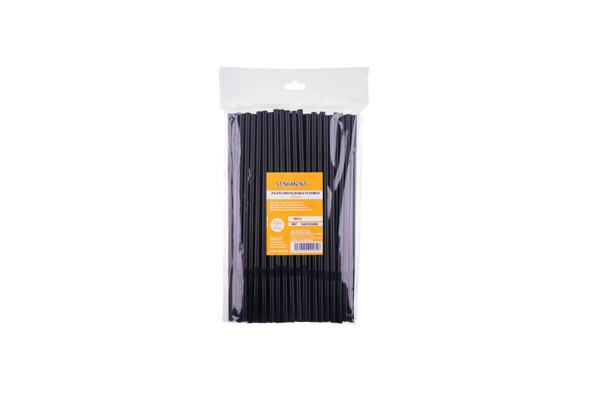 Pajita PP Flexible Reutilizable 230x6mm Negro, 100uds x 50pq
