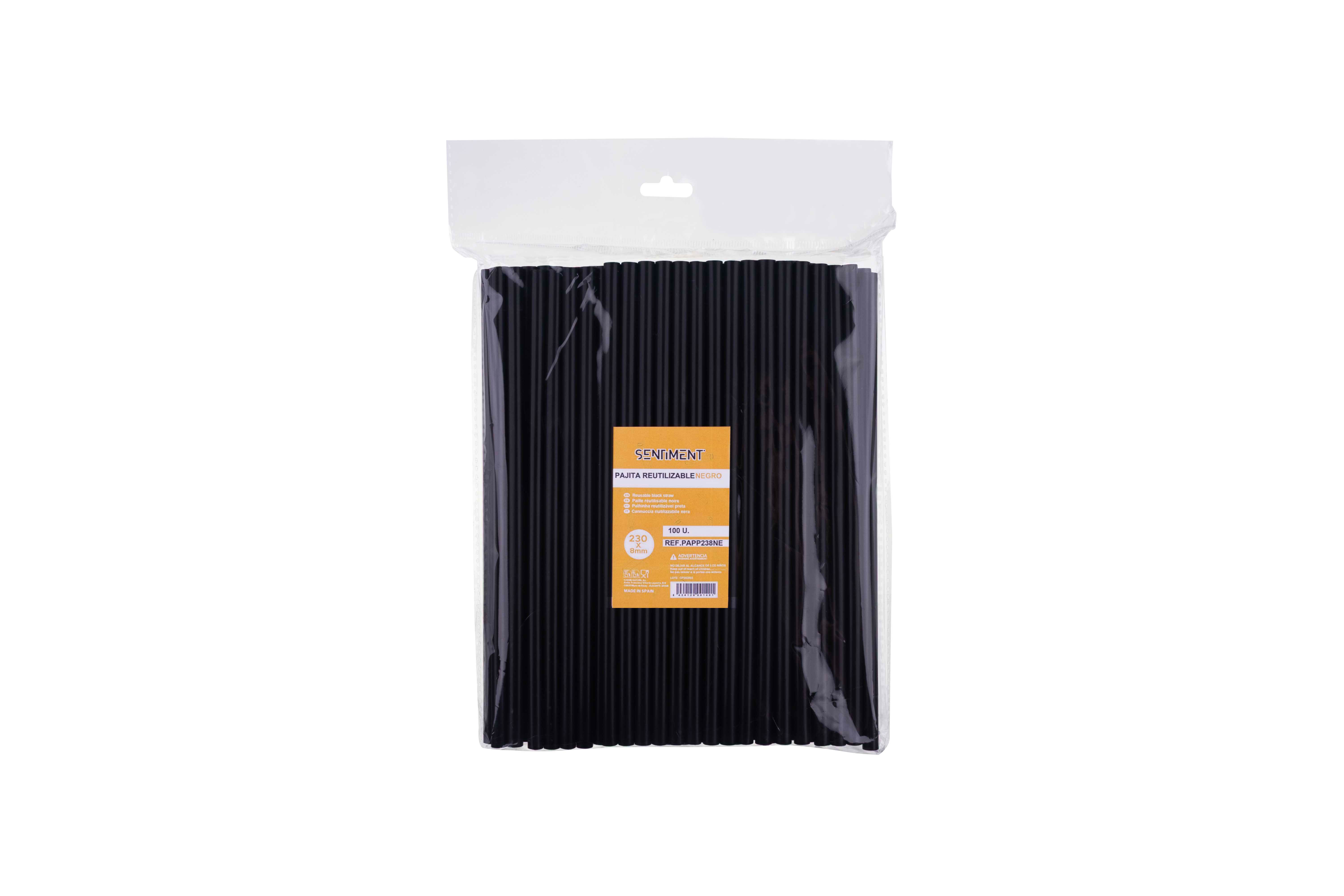 Pajita PP Reutilizable 230x8mm Negro, 100uds x 50pq