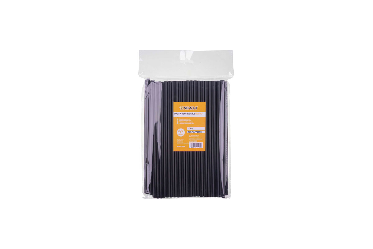 Pajita PP Reutilizable 200x6mm Negro, 100uds x 50pq