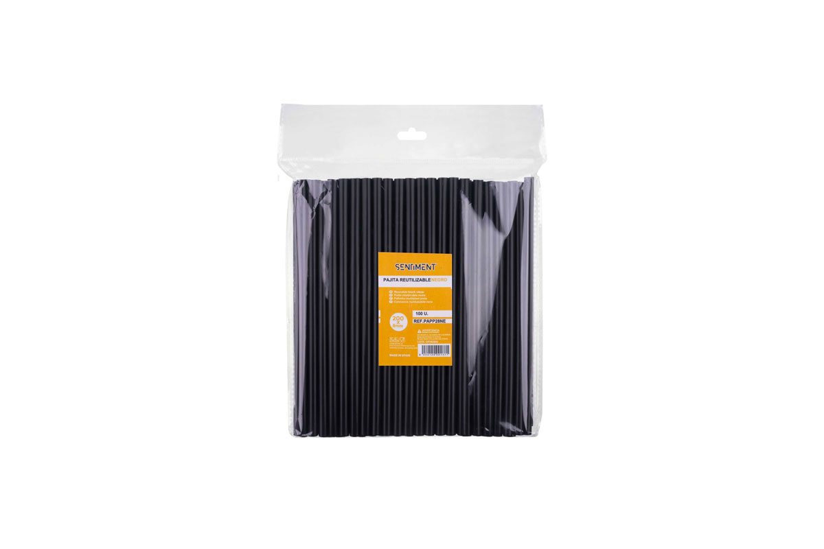 Pajita PP Reutilizable 200x8mm Negro, 100uds x 50pq