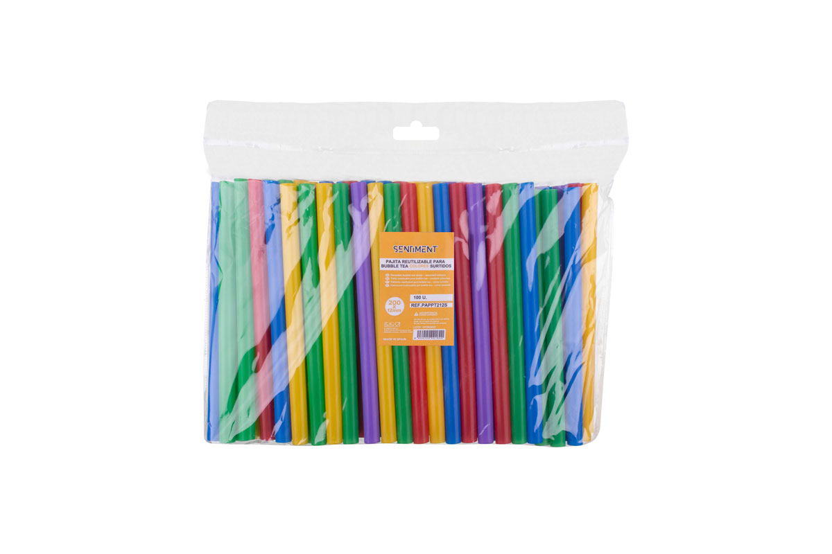 Pajita PP Reutilizable Bubble Tea 200x12mm Surtido Colores, 100uds x 40pq