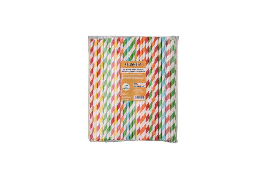 Pajita de Papel 3 capas Rayada 210×6mm Mix 5 Colores, 250uds x 10pq
