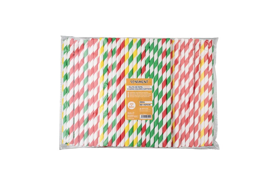 Pajita de Papel 3 capas Rayada 210×8mm Mix 3 Colores, 250uds x 10pq