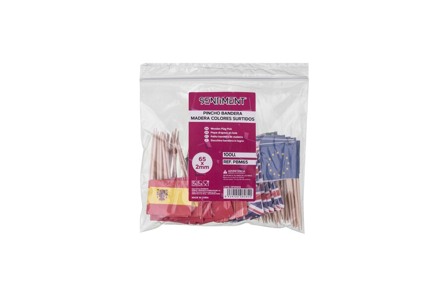Pincho Madera Bandera 65×2mm Mix Banderas, 100uds x 50pq