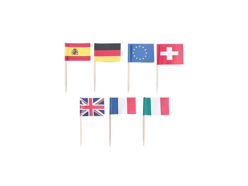 Pincho Madera Bandera 65×2mm Mix Banderas, 100uds x 50pq