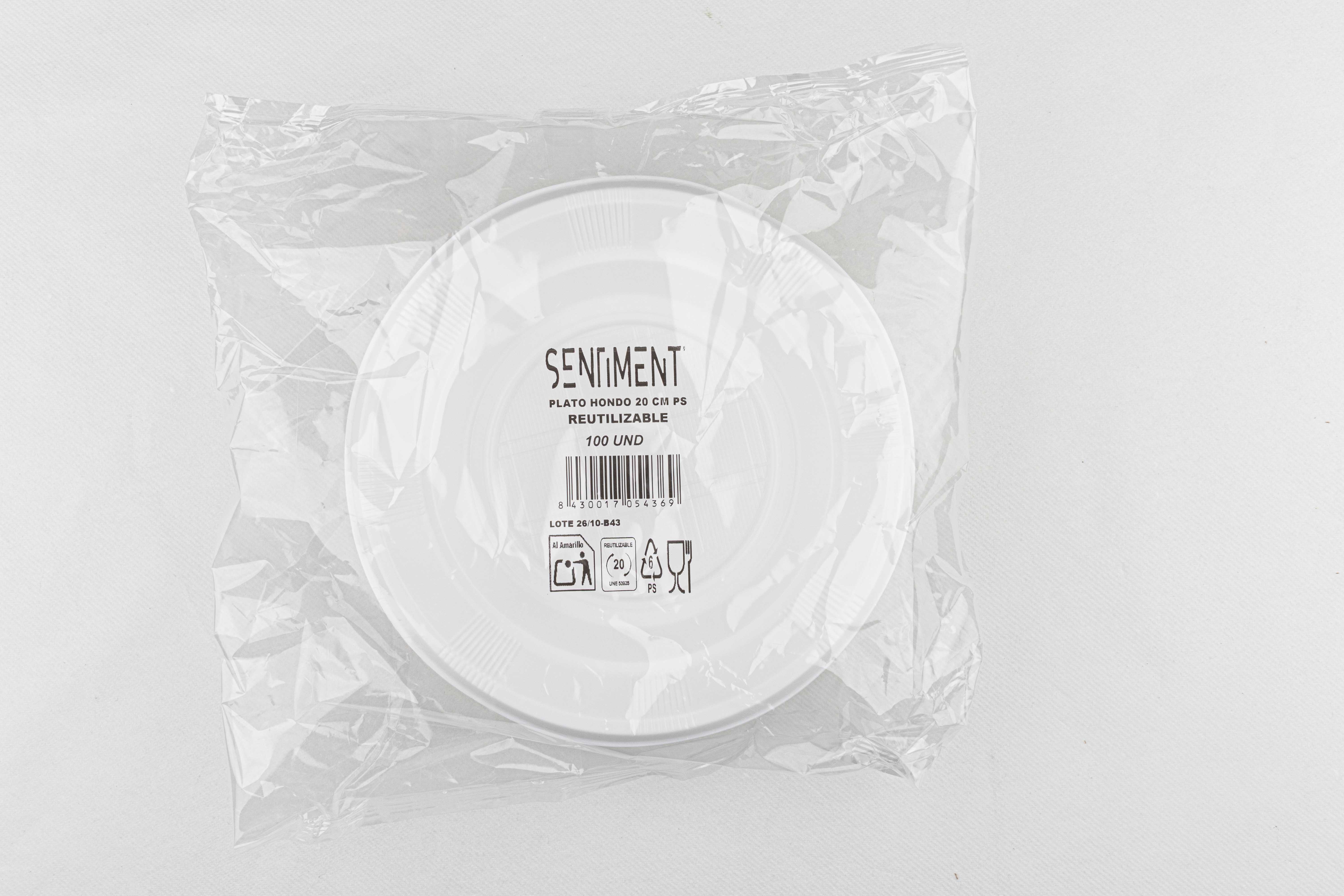 Plato Hondo PS Reutilizable 20cm Blanco, 100uds x 18pq