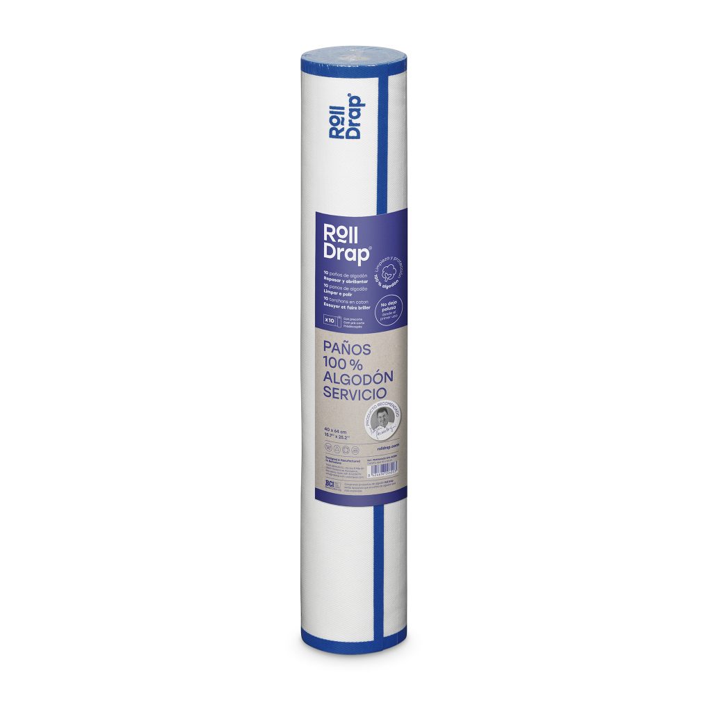Roll Drap Paño Blanco Cenefa Azul Extralargo 40x80cm, 8uds/rollo