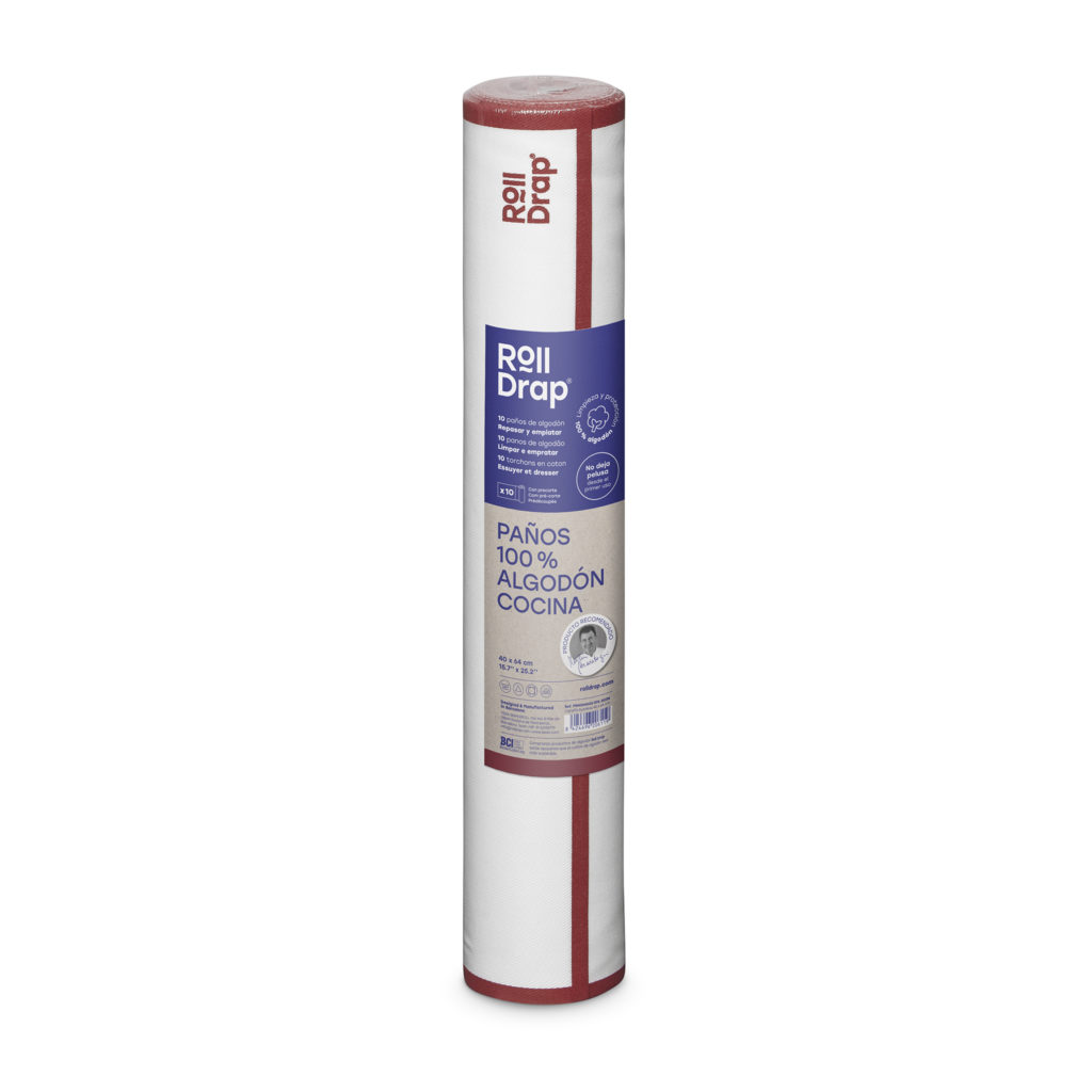 Roll Drap Paño Algodón Blanco Cenefa Burdeos 40x64cm, 10uds/rollo