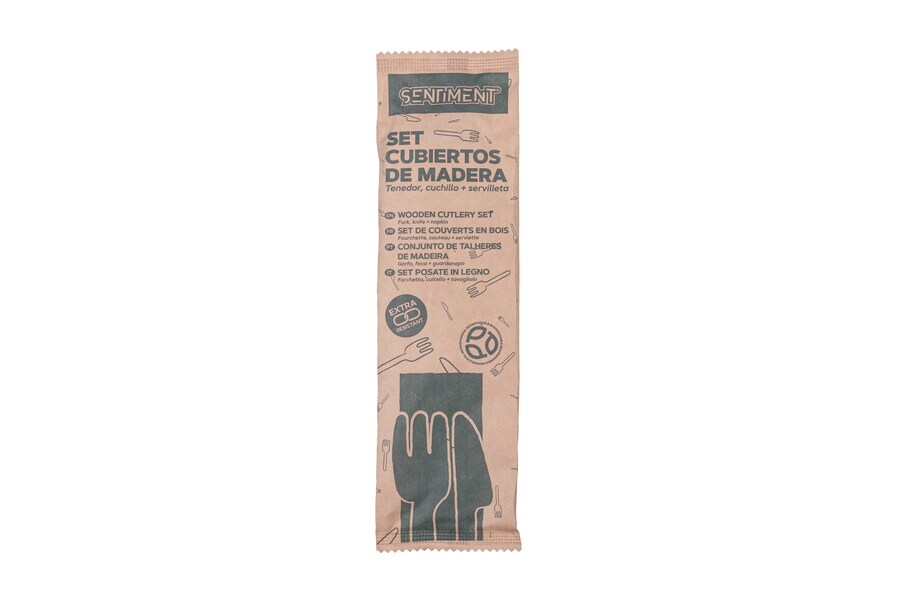 Set Cubiertos Madera (Tenedor+Cuchillo+Servilleta), 50uds x 5pq