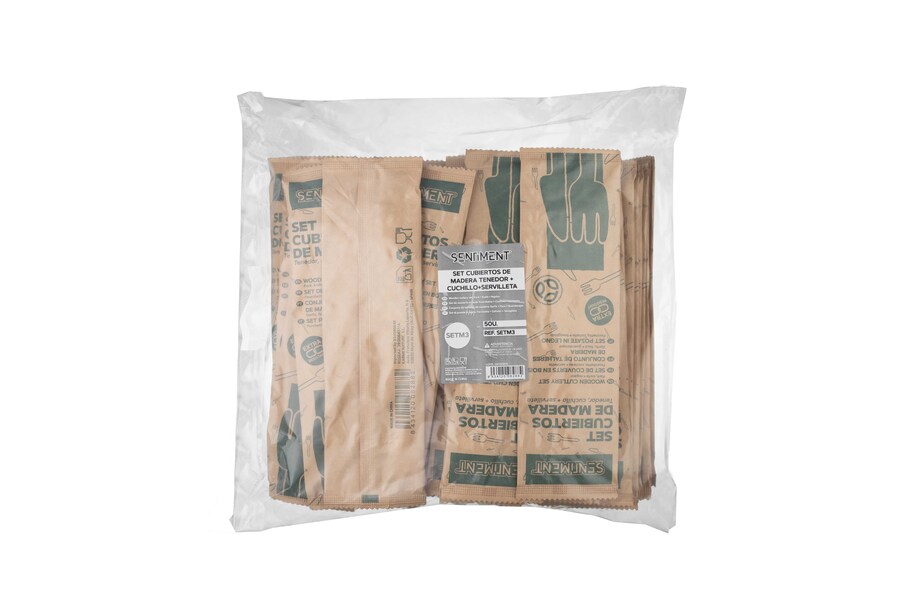 Set Cubiertos Madera (Tenedor+Cuchillo+Servilleta), 50uds x 5pq