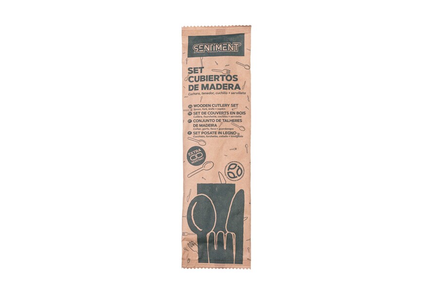 Set Cubiertos Madera (Tenedor+Cuchillo+Cuchara+Servilleta), 50uds x 5pq