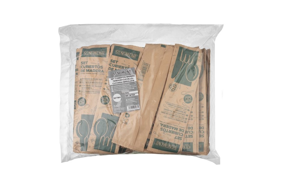 Set Cubiertos Madera (Tenedor+Cuchillo+Cuchara+Servilleta), 50uds x 5pq