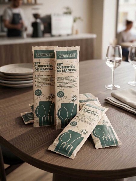 Set Cubiertos Madera (Tenedor+Cuchillo+Cuchara+Servilleta), 50uds x 5pq