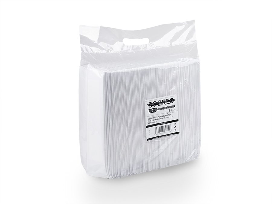 Sobre Papel Portacubiertos con Servilleta 11x25cm Blanco, 800uds Embolsado