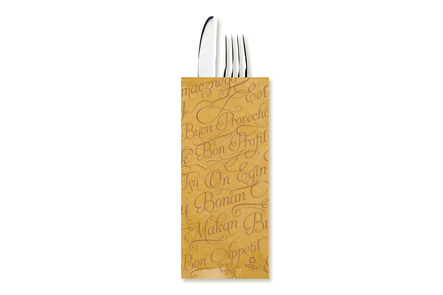 Sobre Papel Portacubiertos con Servilleta 11x25cm Kraft Deco. Buen Provecho, 800uds a Granel