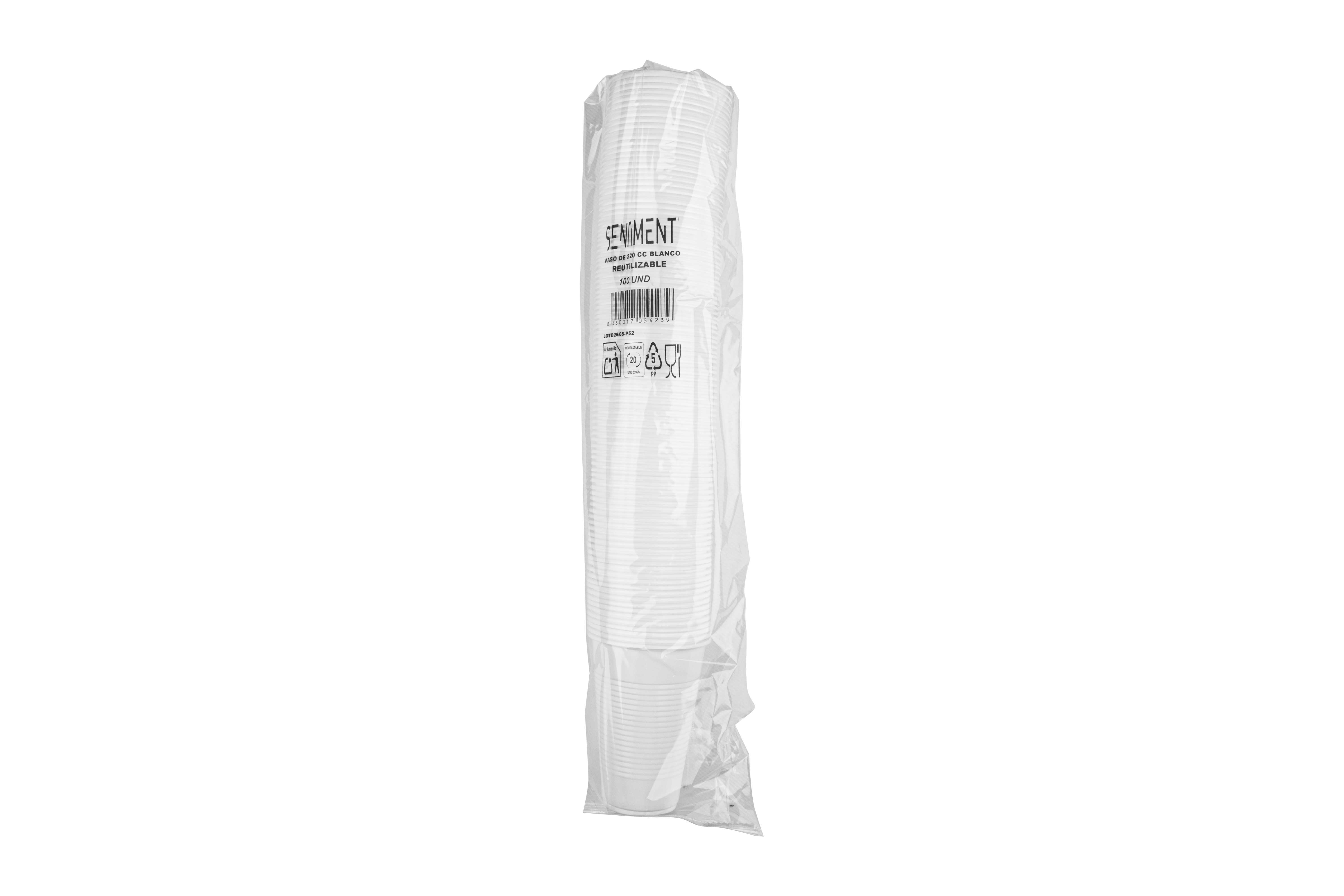Vaso Reutilizable PP 200cc Blanco, 100uds x 30pq