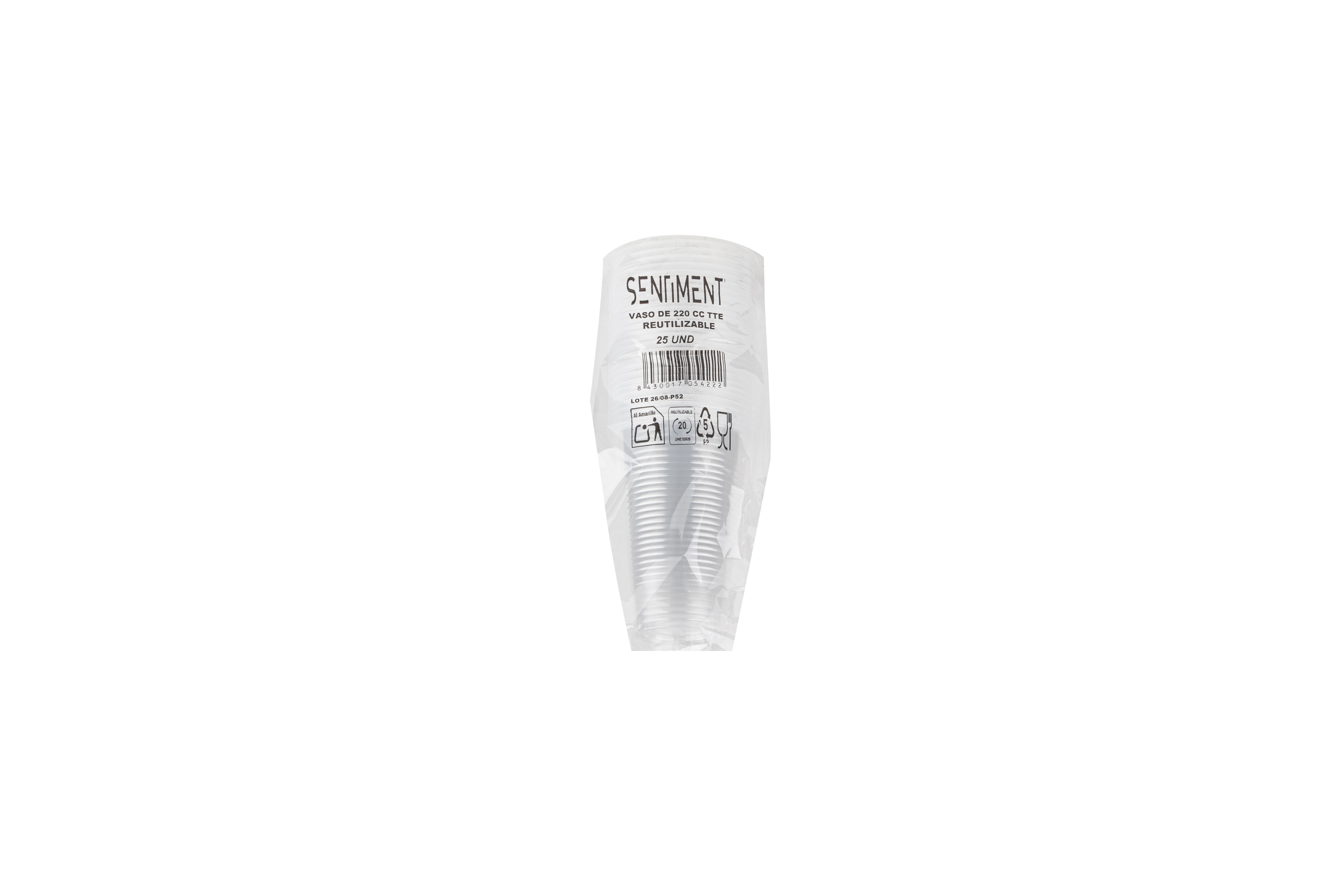 Vaso Reutilizable PP 220cc Transparente, 100uds x 30pq