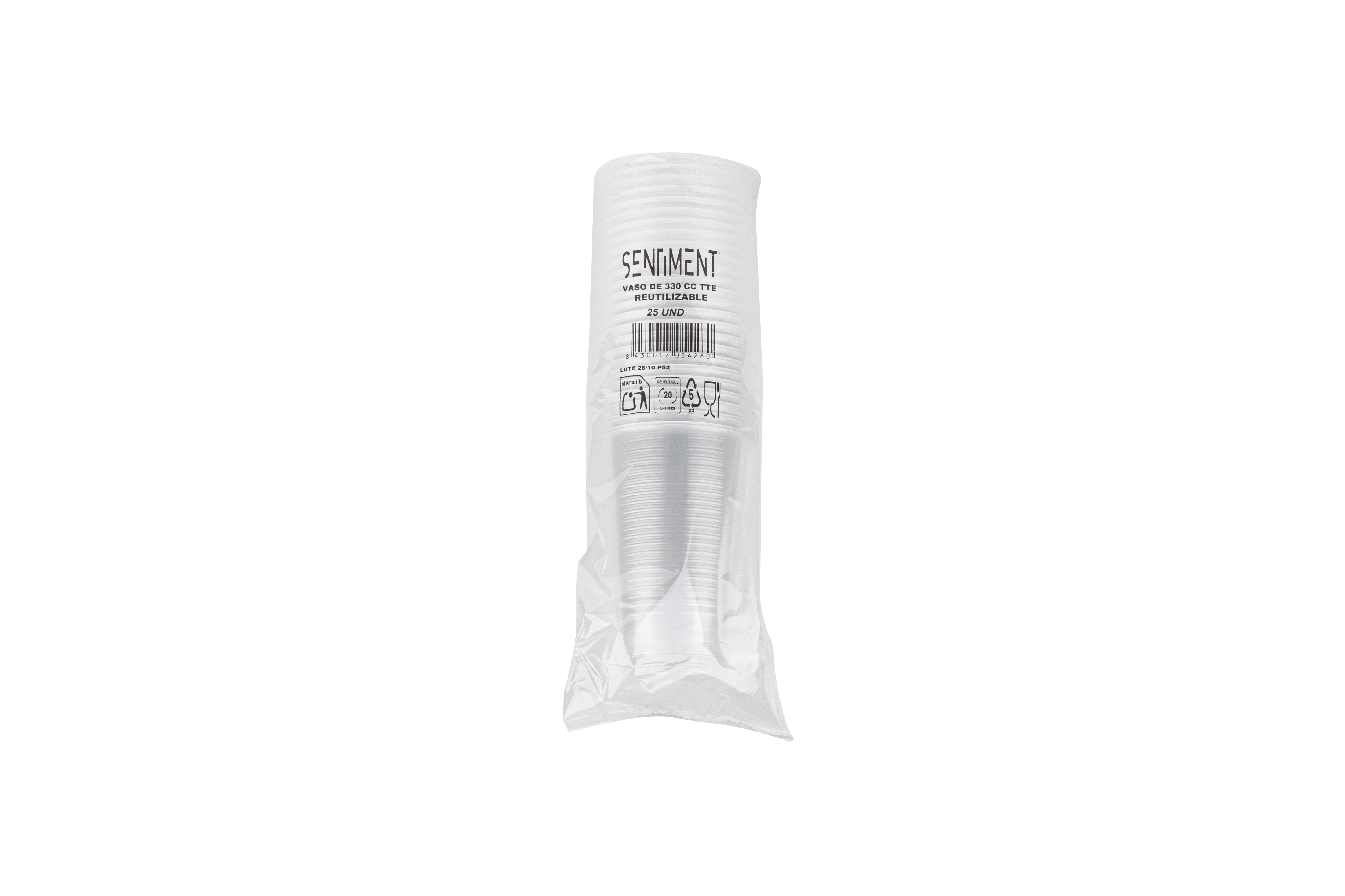 Vaso Reutilizable PP 330cc Transparente, 100uds x 25pq