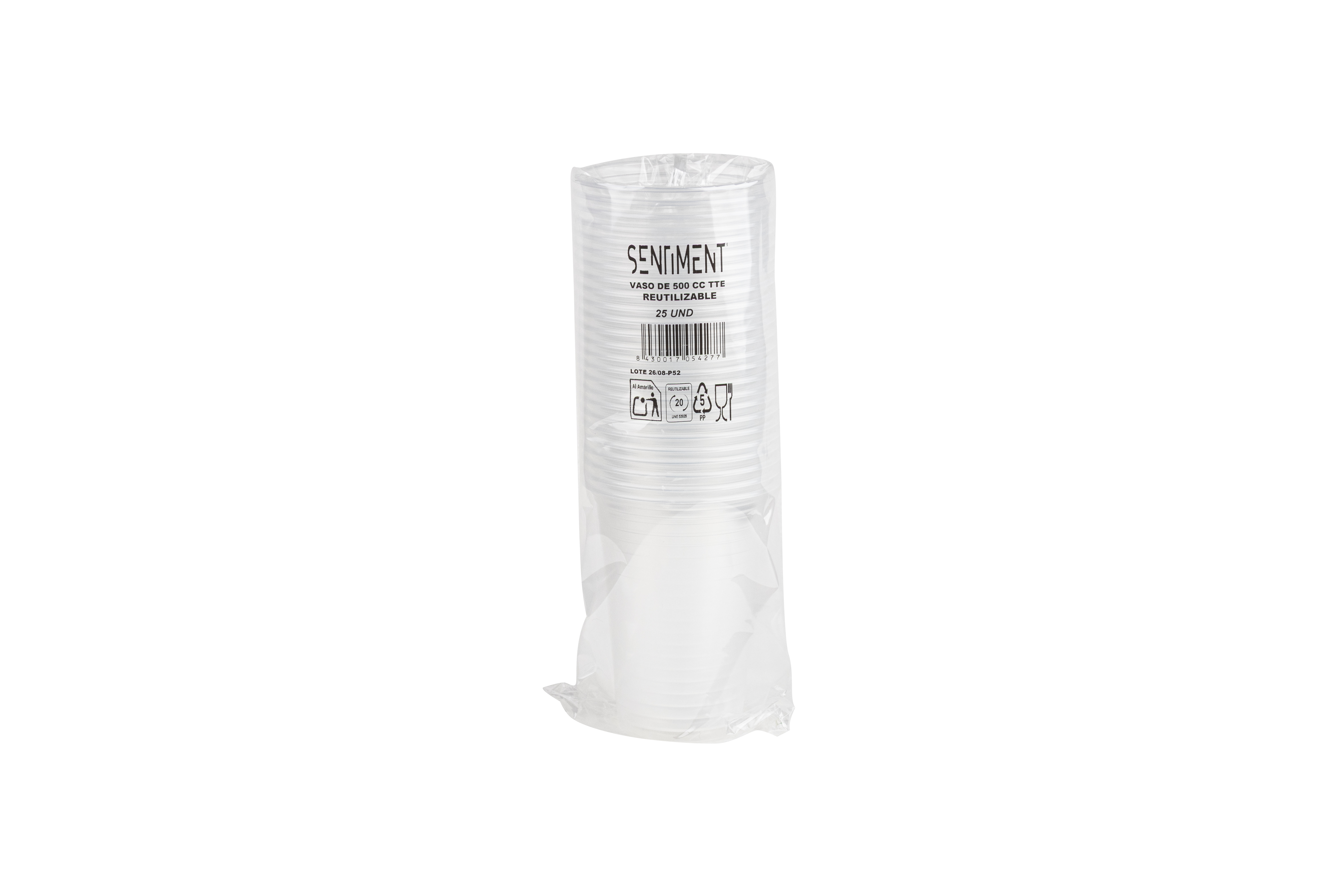Vaso Reutilizable PP 500cc Transparente, 25uds x 16pq
