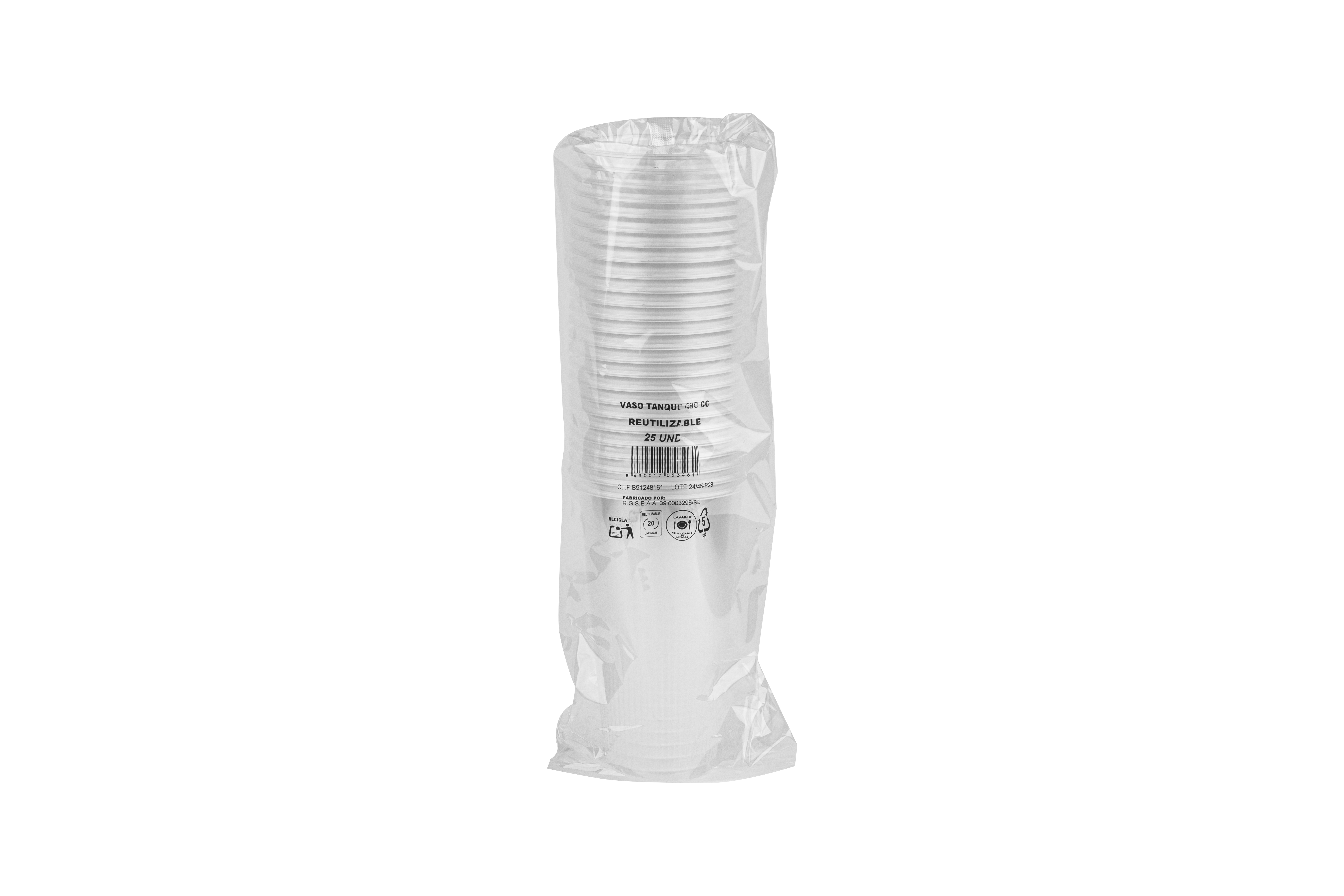 Vaso Reutilizable Eco Tanque 490cc, 25uds x 20pq